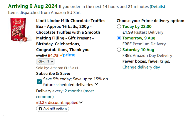 Screenshot showing Lindt Lindor Chocolate Truffles Box 200g for £4.75 at Amazon
