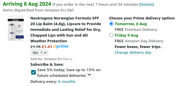 Screenshot showing Neutrogena Norwegian Formula SPF 20 Lip Balm for £1.41 at Amazon