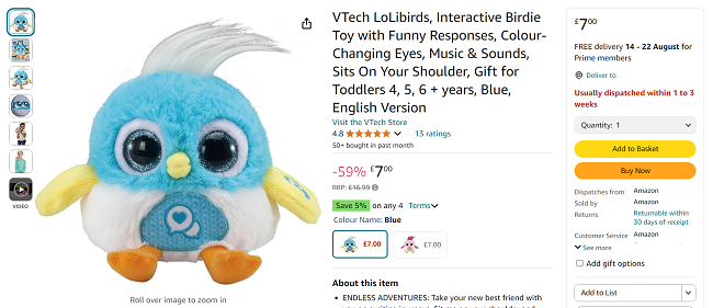 Screenshot showing VTech LoLibirds Interactive Birdie Toy for £7 at Amazon
