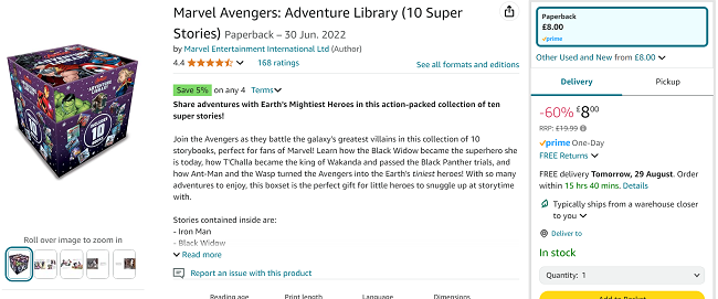 Screenshot showing Marvel Avengers 10 Book Adventure Library for £8 at Amazon