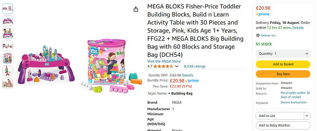 Screenshot showing Mega Bloks Build 'n Learn Table & 60 Piece Big Building Bag Bundle for £20.98 at Amazon