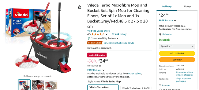 Screenshot showing Vileda Easy Wring and Clean Turbo Spin Mop and Bucket Set for £24.66 at Amazon / Argos