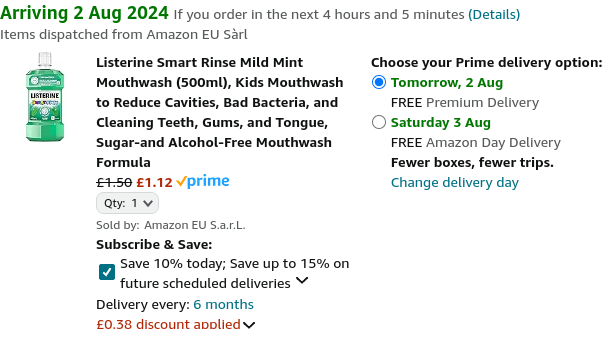 Screenshot showing Listerine Smart Rinse Mild Mint Kids Mouthwash (500ml) for £1.12 at Amazon