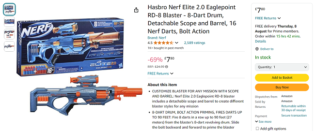 Screenshot showing Nerf Elite 2.0 Eaglepoint RD-8 Blaster for £7.80 at Amazon