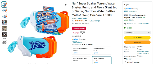 Screenshot showing Nerf Super Soaker Torrent Water Blaster for £3.89 at Amazon