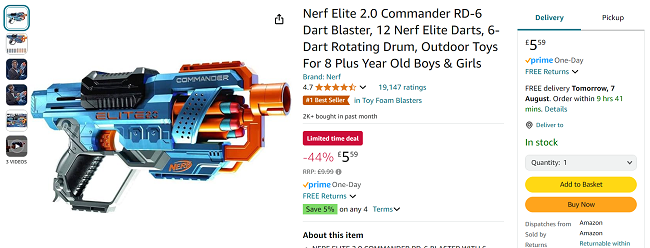 Screenshot showing Nerf Elite 2.0 Commander RD-6 Dart Blaster for £5.59 at Amazon