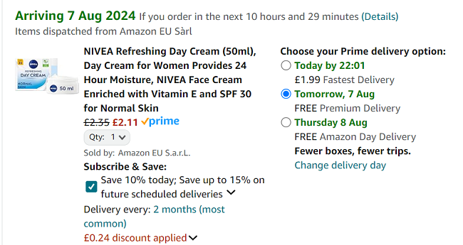 Screenshot showing NIVEA Refreshing Day Cream 50ml for £2.11 at Amazon