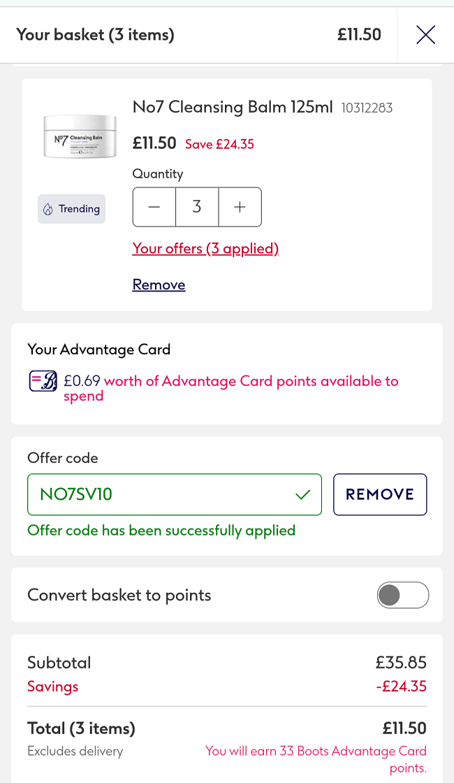 Screenshot showing No7 Offer Stack at Boots