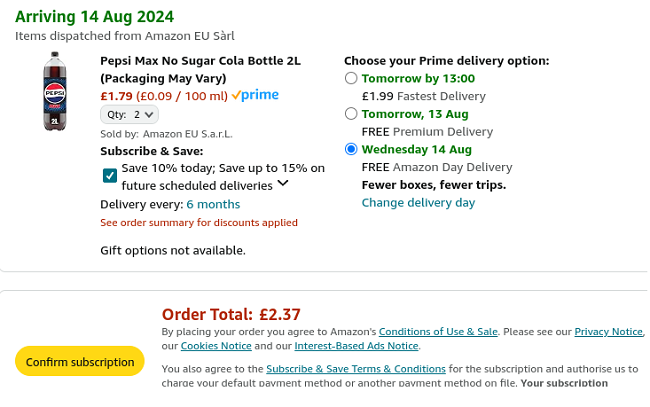 Screenshot showing Pepsi Max No Sugar Cola Bottle 2L 2 for £2.37 at Amazon