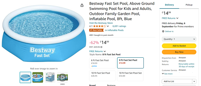 Screenshot showing Bestway Fast Set Inflatable Pool 8ft for £14.99 at Amazon