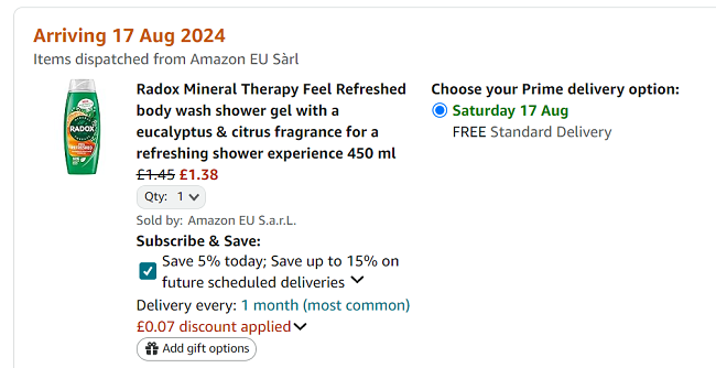 Screenshot showing Radox Mineral Therapy Feel Refreshed Shower Gel 450ml for £1.38 at Amazon