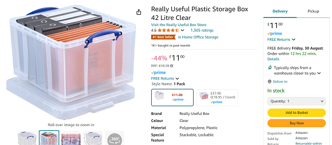 Screenshot showing Really Useful Clear Storage Box 42L With Lid for £11 at Amazon