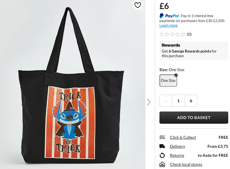 Disney Lilo & Stitch Trick or Treat Tote Bag £6 @ Asda George