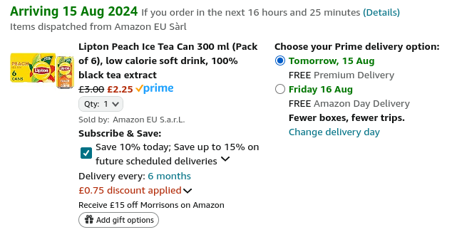  Lipton Ice Tea Peach/Lemon 330ml (Pack of 6) £2.25 @ Amazon