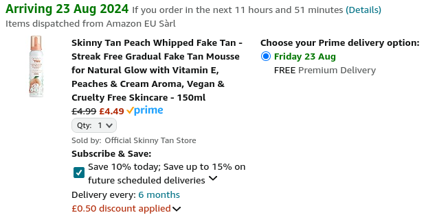 Skinny Tan Peach Whipped Fake Tan £4.49 @ Amazon/Skinny Tan Store