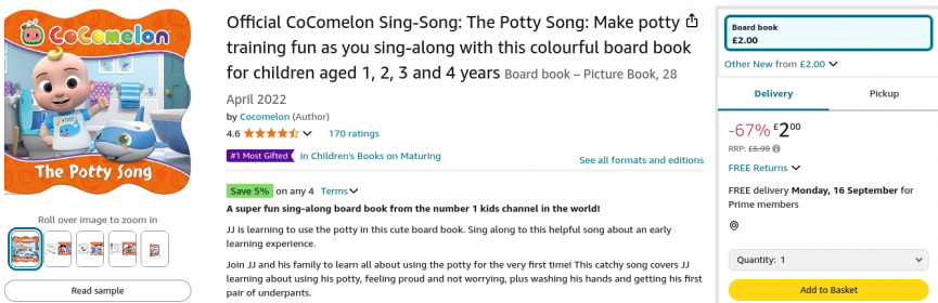 Official CoComelon Sing-Song: The Potty Song colourful board book £2 @ Amazon
