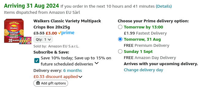 Walkers Classic Variety Multipack Crisps Box 20 x 25g £3 @ Amazon