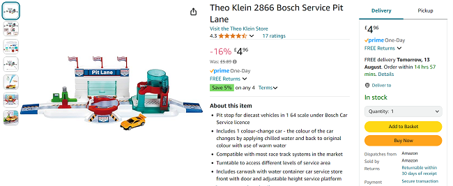 Screenshot showing Theo Klein Bosch Car Service Pit Lane for £4.96 at Amazon