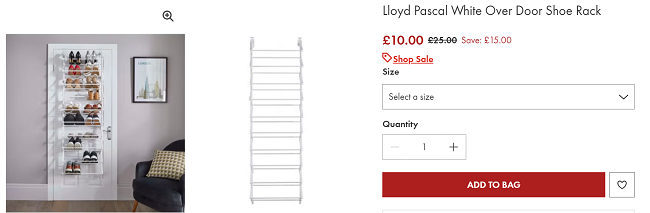 Screenshot showing Lloyd Pascal White Over Door Shoe Rack for £10 at Matalan