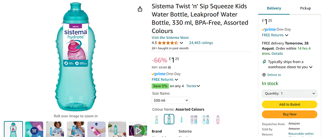 Screenshot showing Sistema Twist 'n' Sip Squeeze Kids Water Bottle 330ml for £1.25 at Amazon