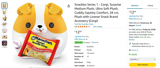Screenshot showing Snackles Series 1 Corgi Medium Plush Toy for £12.99 at Amazon