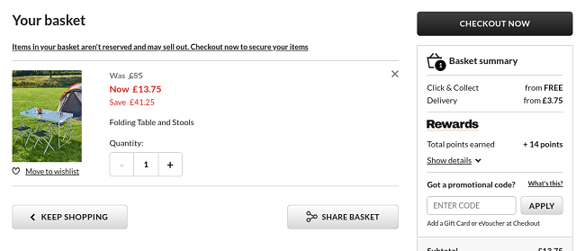 Screenshot showing Folding Table and Stools for £13.75 at Asda George