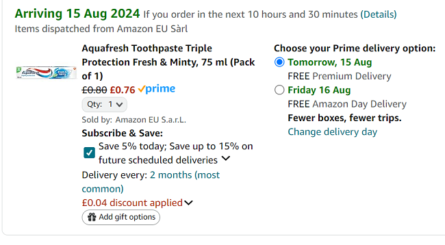 Screenshot showing Aquafresh Toothpaste Triple Protection Fresh & Minty 75ml for 76p at Amazon