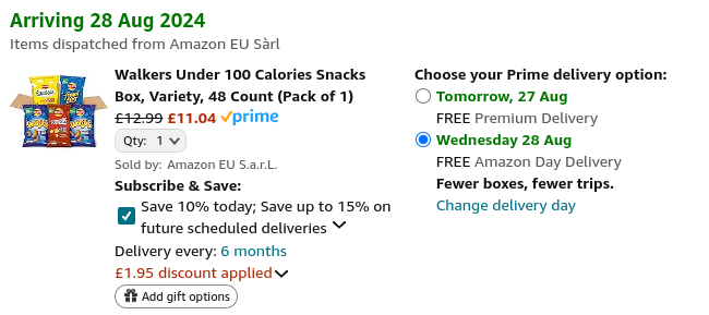 Screenshot showing Walkers Under 100 Calories Multipack Snacks Box for £11.04 at Amazon