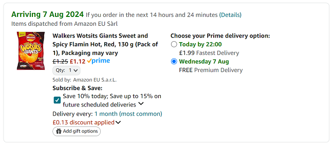 Screenshot showing Walkers Wotsits Giants Sweet & Spicy Flamin Hot 130g for £1.12 at Amazon
