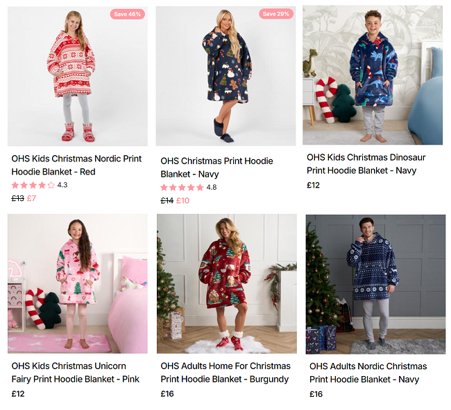 Screenshot showing Christmas Hoodie Blankets at Online Home Shop