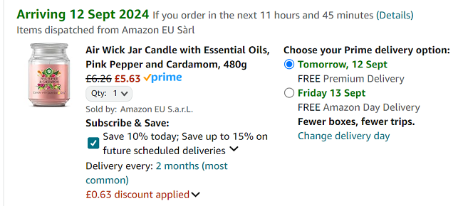 Screenshot showing Air Wick Jar Candle with Essential Oils, Pink Pepper and Cardamom 480g for £5.63 at Amazon