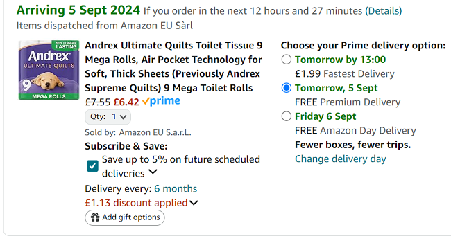 Screenshot showing Andrex Ultimate Quilts Toilet Tissue 9 Mega Rolls for £6.42 at Amazon