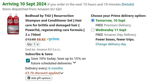 Screenshot showing Bed Head by TIGI Resurrection Shampoo & Conditioner Set for £8.82 at Amazon