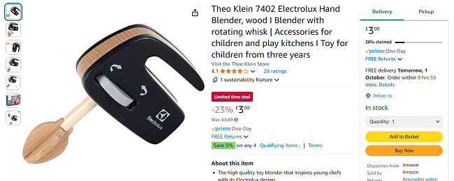 Screenshot showing Theo Klein Electrolux Wooden Hand Blender for £3 at Amazon