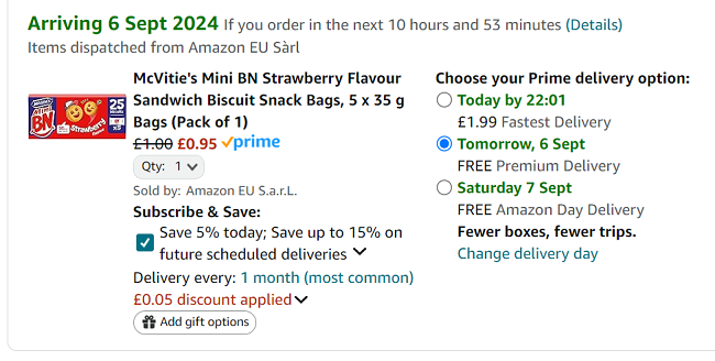 Screenshot showing McVitie's BN Biscuits Minis 5 Pack for 95p at Amazon