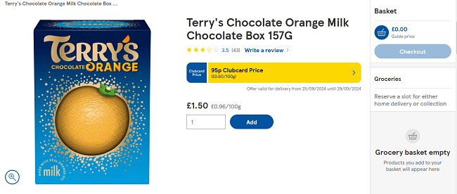 Screenshot showing Terry's Chocolate Orange Milk Chocolate Box 157G for 95p at Tesco