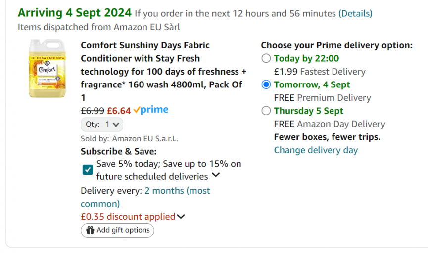 Screenshot showing Comfort Sunshiny Days Fabric Conditioner 160 Wash for £6.64 at Amazon
