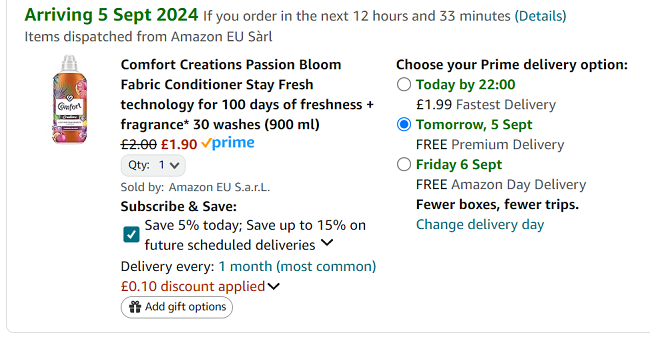 Screenshot showing Comfort Creations Passion Bloom Fabric Conditioner 30 Washes (900 ml) for £1.90 at Amazon
