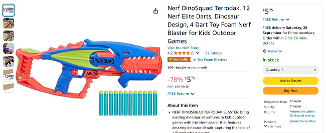 Screenshot showing Nerf DinoSquad Terrodak Blaster for £5.75 at Amazon