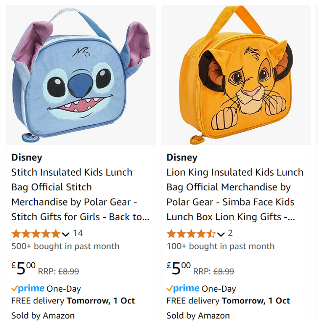 Screenshot showing Polar Gear Disney Stitch or Lion King Insulated Kids Lunch Bag £5 at Amazon