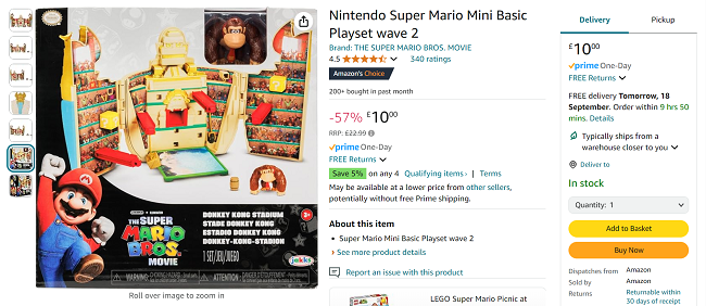 Screenshot showing Nintendo The Super Mario Bros. Movie Donkey Kong Stadium Playset for £10 at Amazon