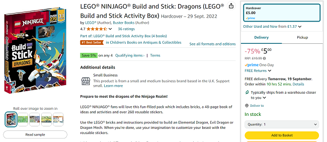 Screenshot showing LEGO NINJAGO Build and Stick: Dragons for £5 at Amazon