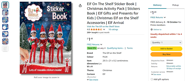 Screenshot showing Elf On The Shelf Sticker Book for £1.49 at Amazon