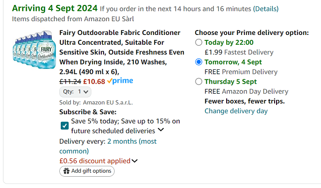 Screenshot showing 6 x Fairy Outdoorable Fabric Conditioner 35 Washes for £10.68 at Amazon