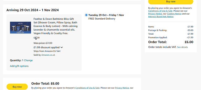 Screenshot showing Feather & Down Bathtime Bliss Gift Set for £6 at Amazon