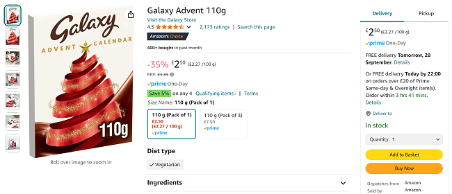 Screenshot showing Galaxy Chocolate Advent Calendar for £2.50 at Amazon