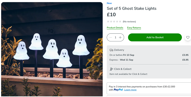 Screenshot showing Set of 5 Ghost Stake Lights for £10 at Dunelm