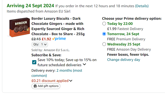 Screenshot showing Border Luxury Biscuits Dark Chocolate Gingers 255g for £1.92 at Amazon