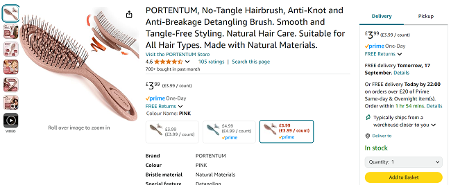 Screenshot showing Portentum No-Tangle Hairbrush for £3.99 at Amazon