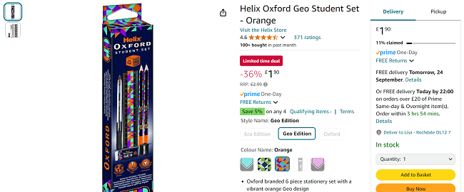 Screenshot showing Helix Oxford Geo Student Set for £1.90 at Amazon